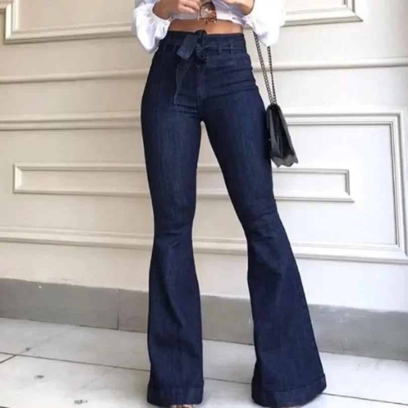 Women's High-Waist Flare Jeans – Slight Stretch Denim Pants with Button Detail and Pockets Bazaare Mart Denim Jeans