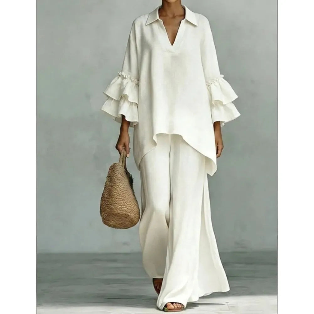 Women's 2-Piece Wide-Leg Pants Set with Ruffle Sleeves