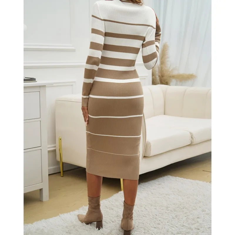 Long Sleeve Slim Fit Striped Contrasting Midi Dress