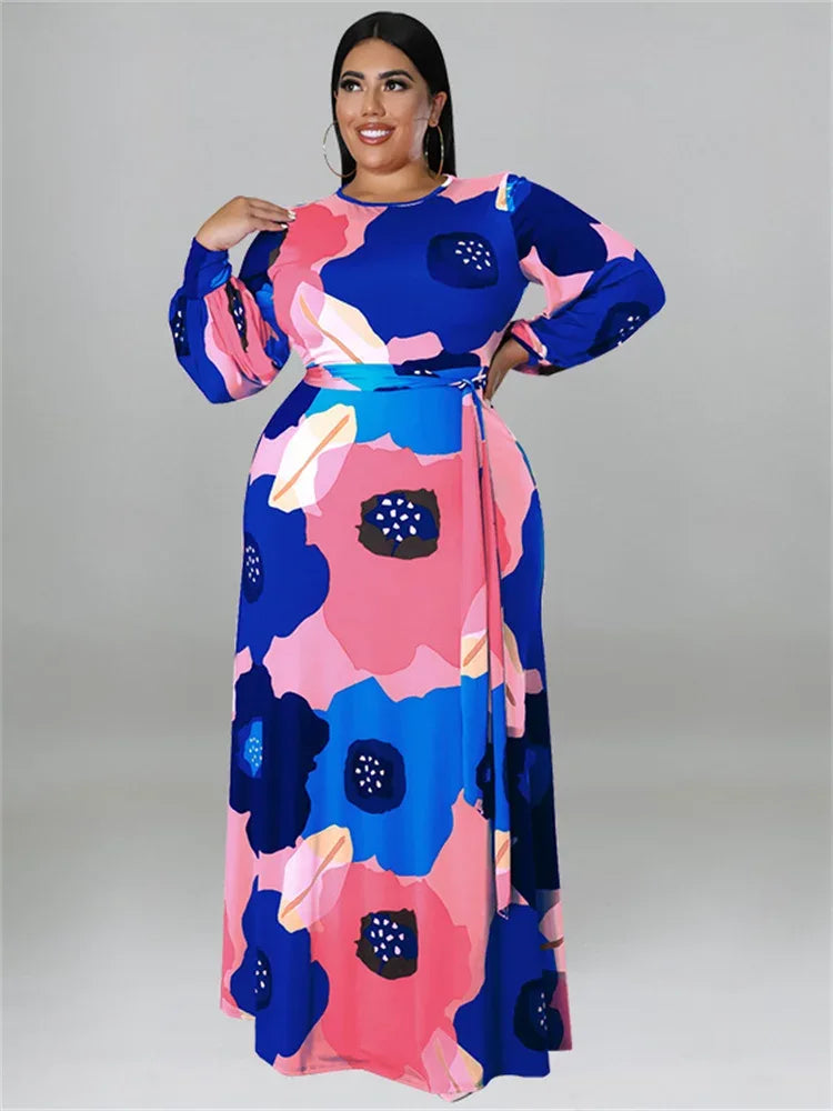 Colorful Long Sleeve Large Print Flower Maxi Dress Blue Bazaare Mart Colorful Long Sleeve Large Print Flower Maxi Dress