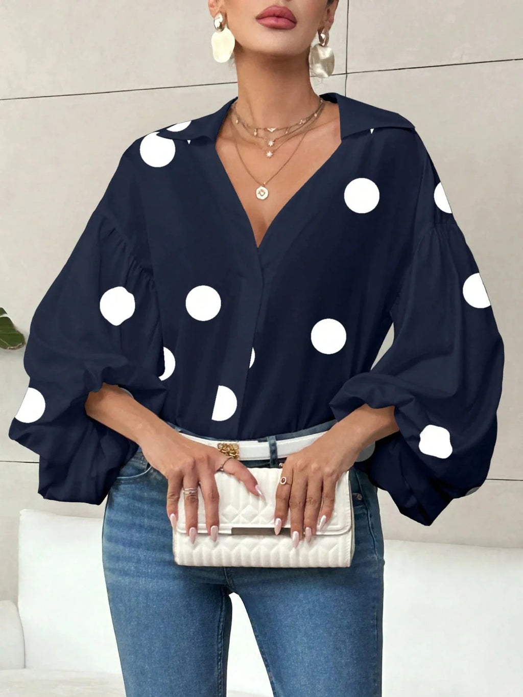 Boho Women's Blouses Spring Fall New Fashion French Polka Dot Half-neck Design Loose Puff Long-sleeve Top Casual Shirts Women Bazaare Mart