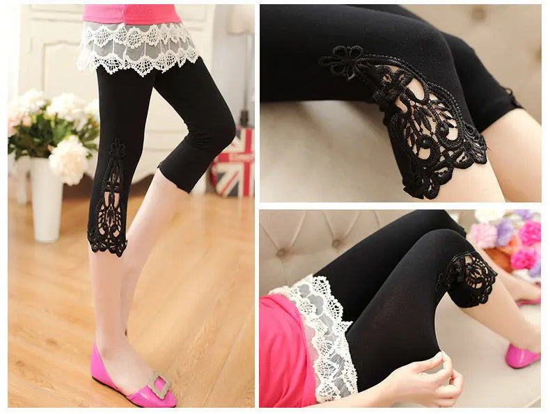 Women's Lace Trim Capri Leggings – High Waist Stretch 3/4 Length Cropped Leggings Bazaare Mart Capris Leggings