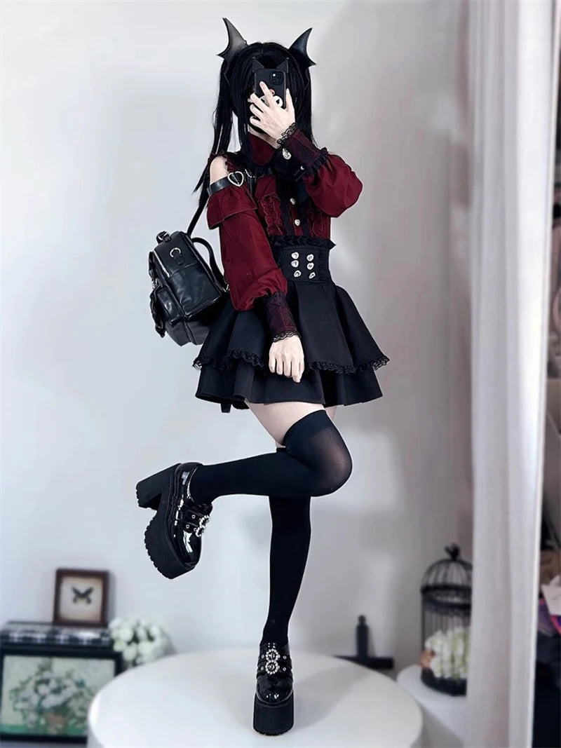 Jirai kei Shirt JK Skirt Japanese Style Lolita Y2K Sweet School Uniform Blouse Top Dress Darkness Outfit Women Girls Theme Party Bazaare Mart