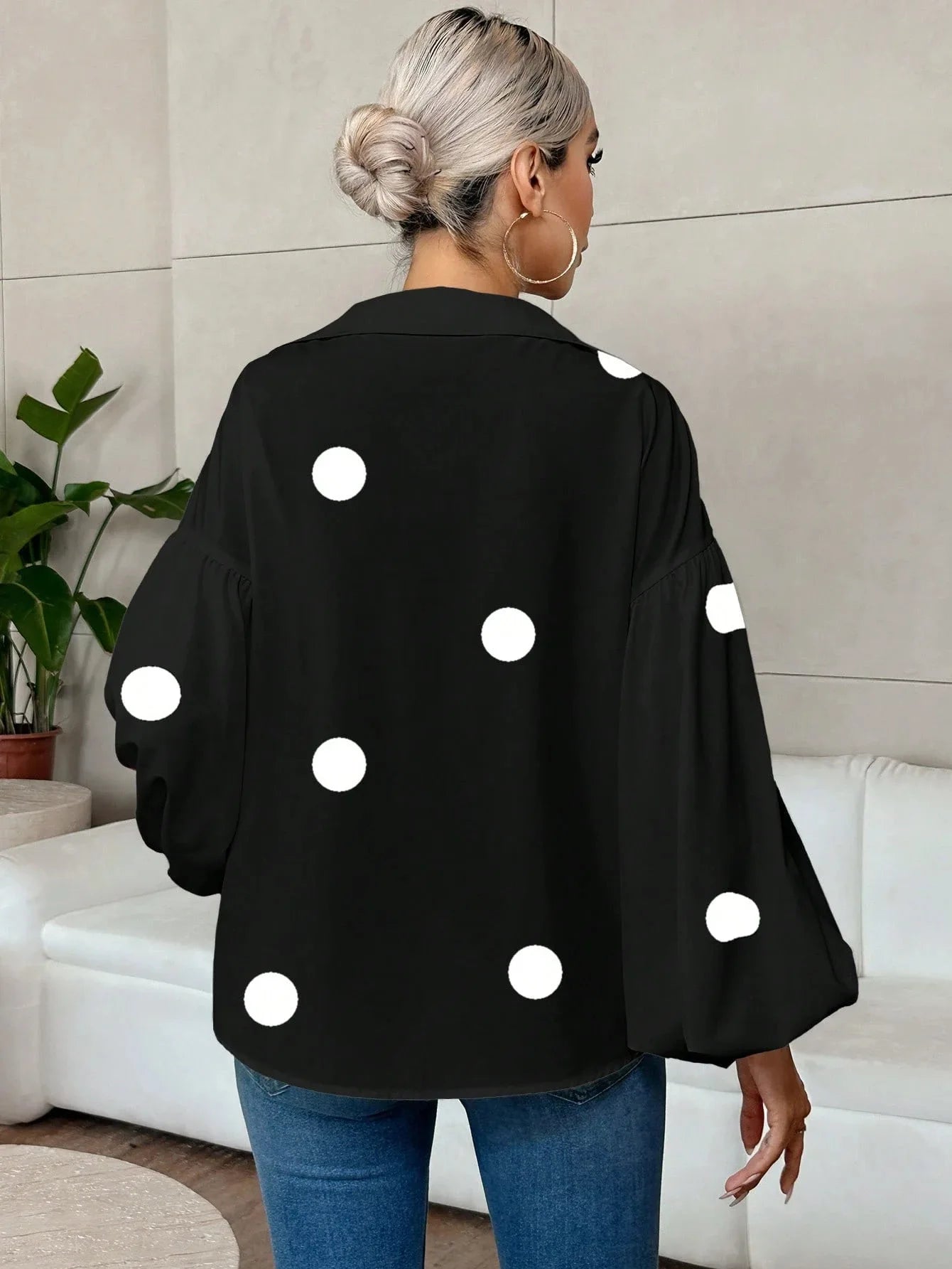 Boho Women's Blouses Spring Fall New Fashion French Polka Dot Half-neck Design Loose Puff Long-sleeve Top Casual Shirts Women Bazaare Mart