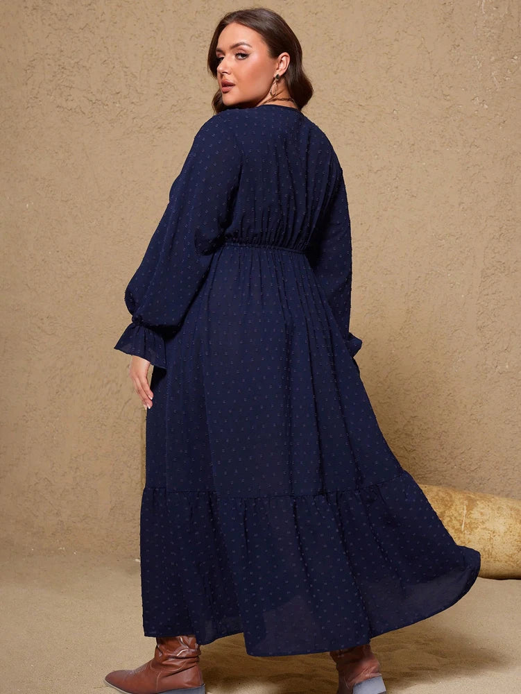 Navy V-Neck Long Puff Sleeve Maxi Dress Bazaare Mart Navy Blue Velvet Long Lantern Sleeve Maxi Dress