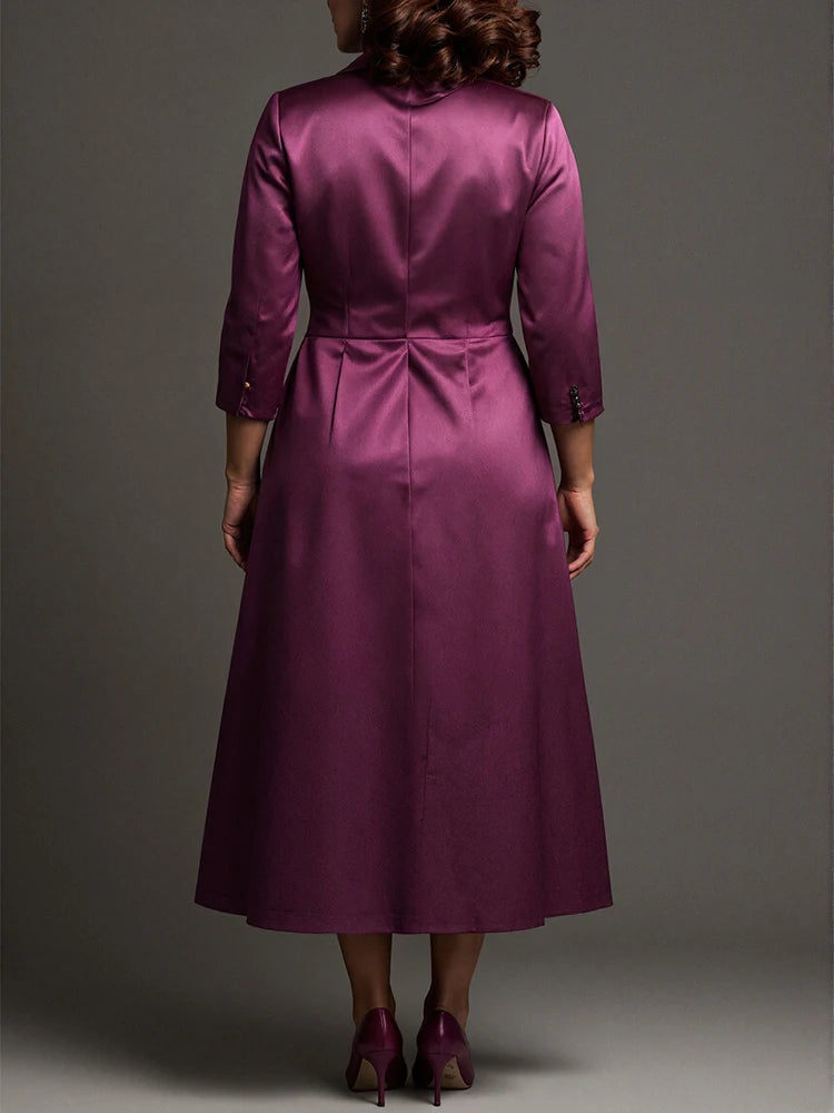 Plus Size Plum Satin Lace Midi Dress & Long Coat Set