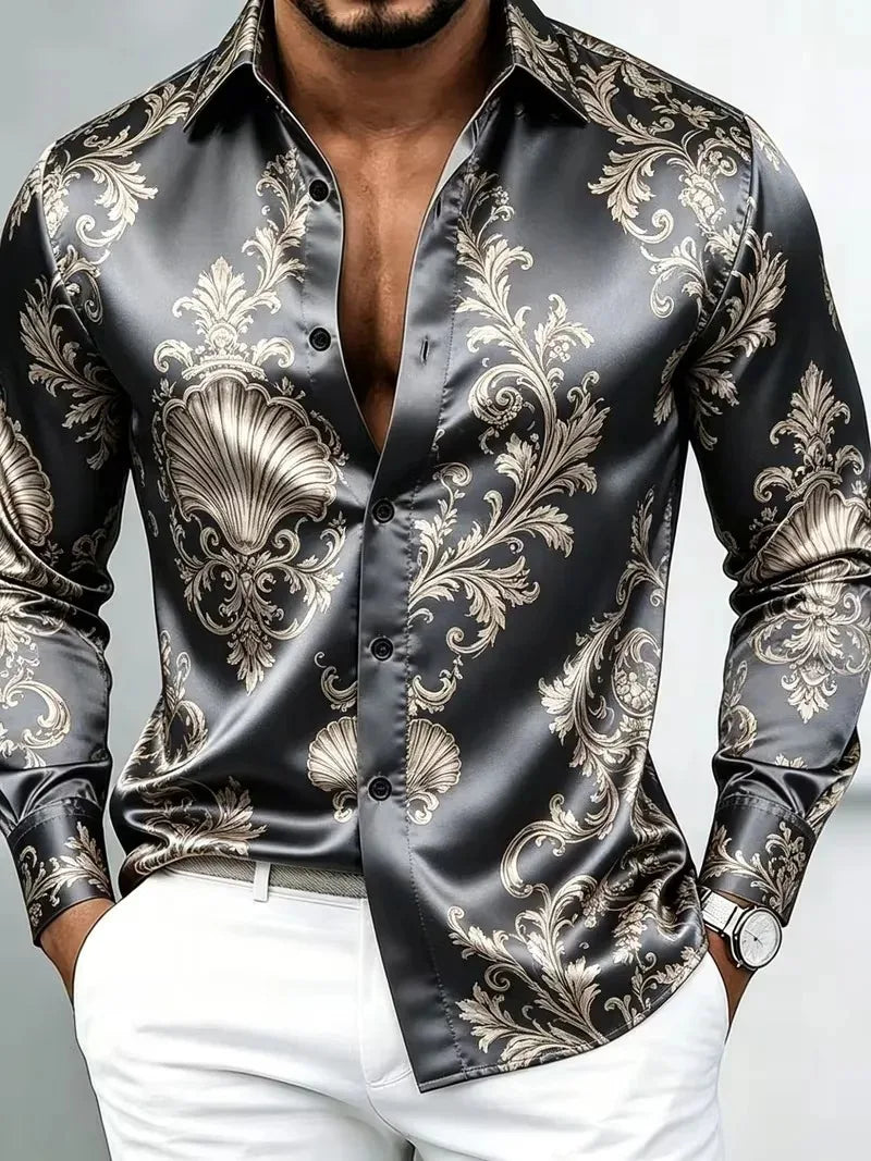 Men's Satin Baroque Print Button-Up Shirt – Long Sleeve Luxury Dress Shirt