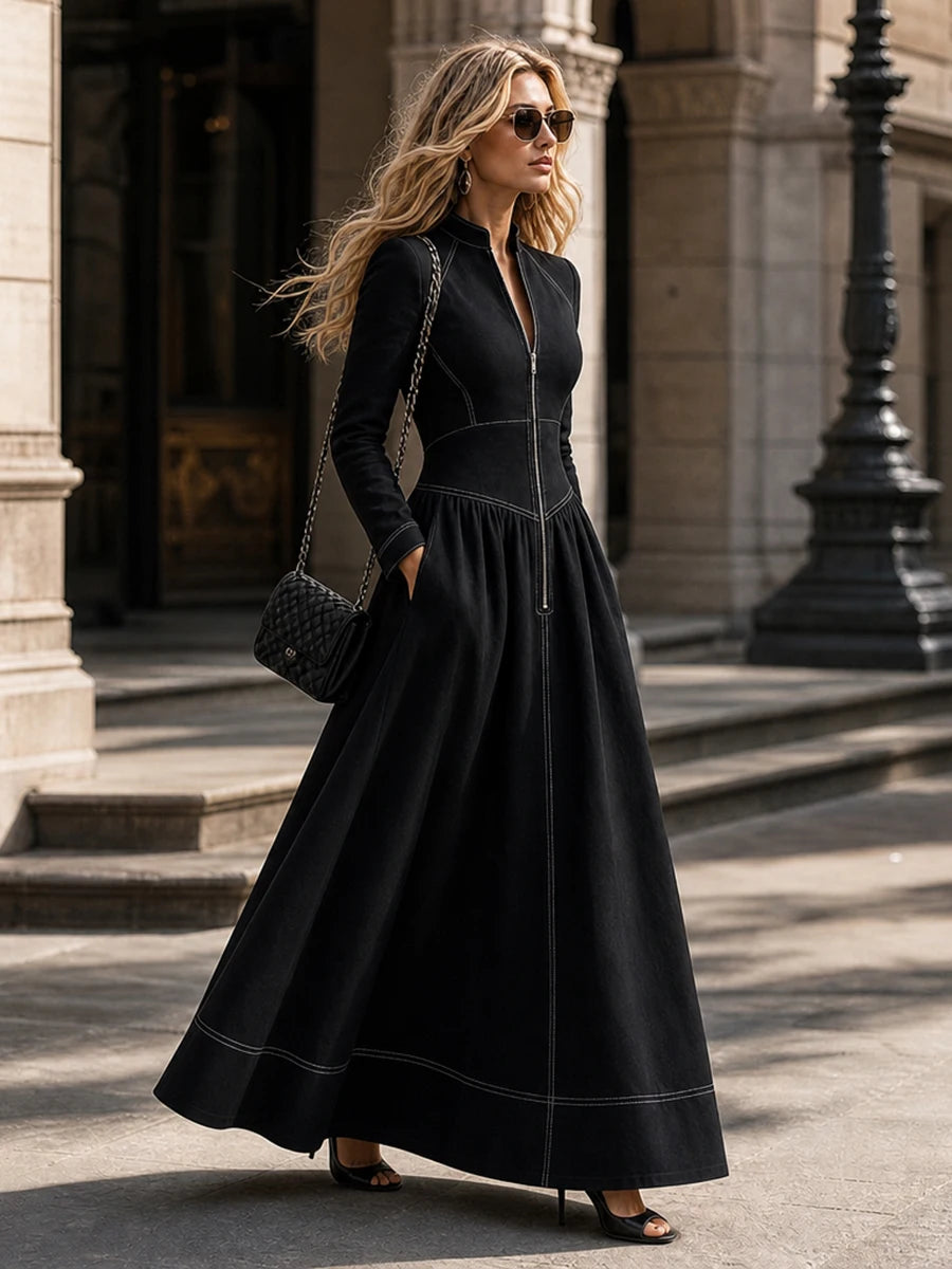 Contrast Stitching Maxi Dress Stand Collar Long Sleeve High Waist Maxi Dress