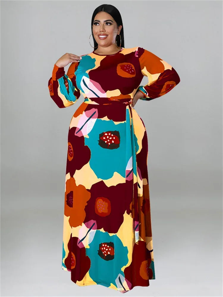 Colorful Long Sleeve Large Print Flower Maxi Dress Bazaare Mart Colorful Long Sleeve Large Print Flower Maxi Dress