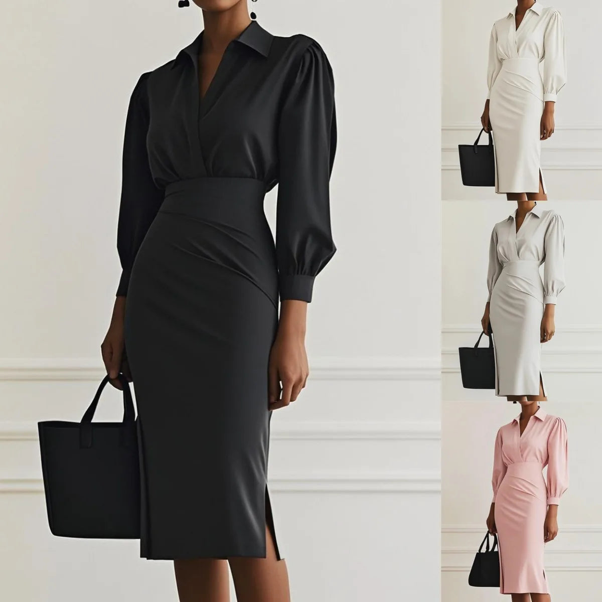 Fashionable Collared V-neck Solid Color Long-sleeved Bodycon Midi Dress