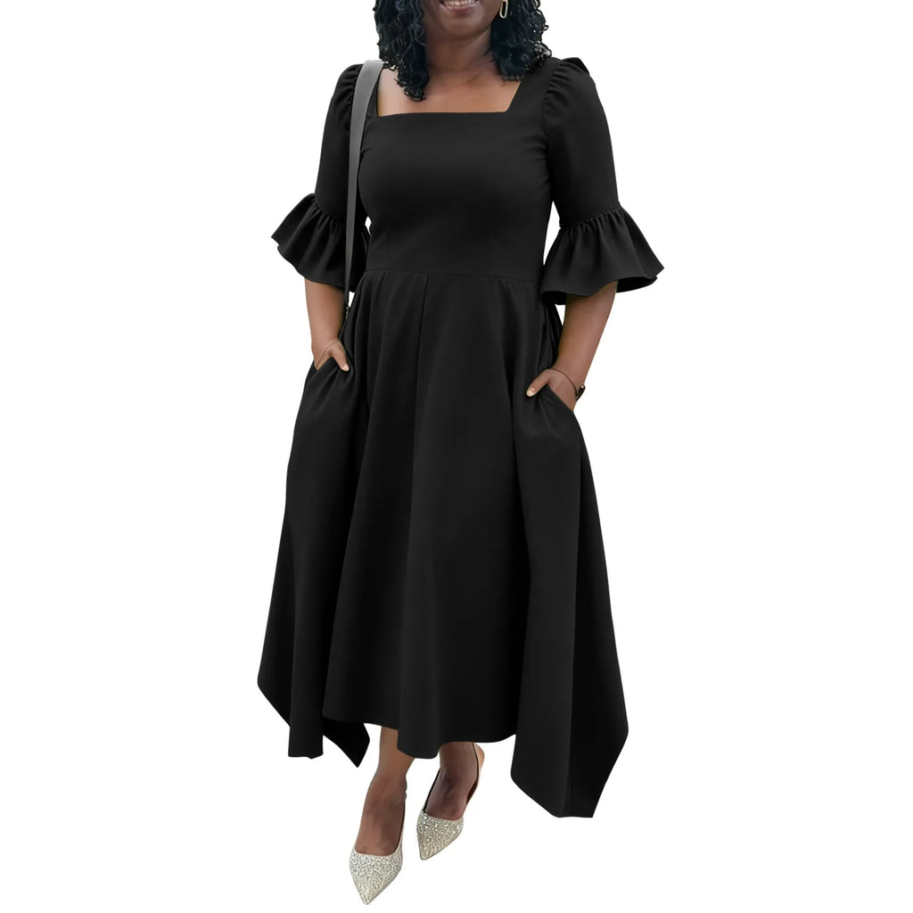 Ruffle Sleeve Square Neck Midi Dress Black Bazaare Mart Plus Size Half Sleeve Midi Dress