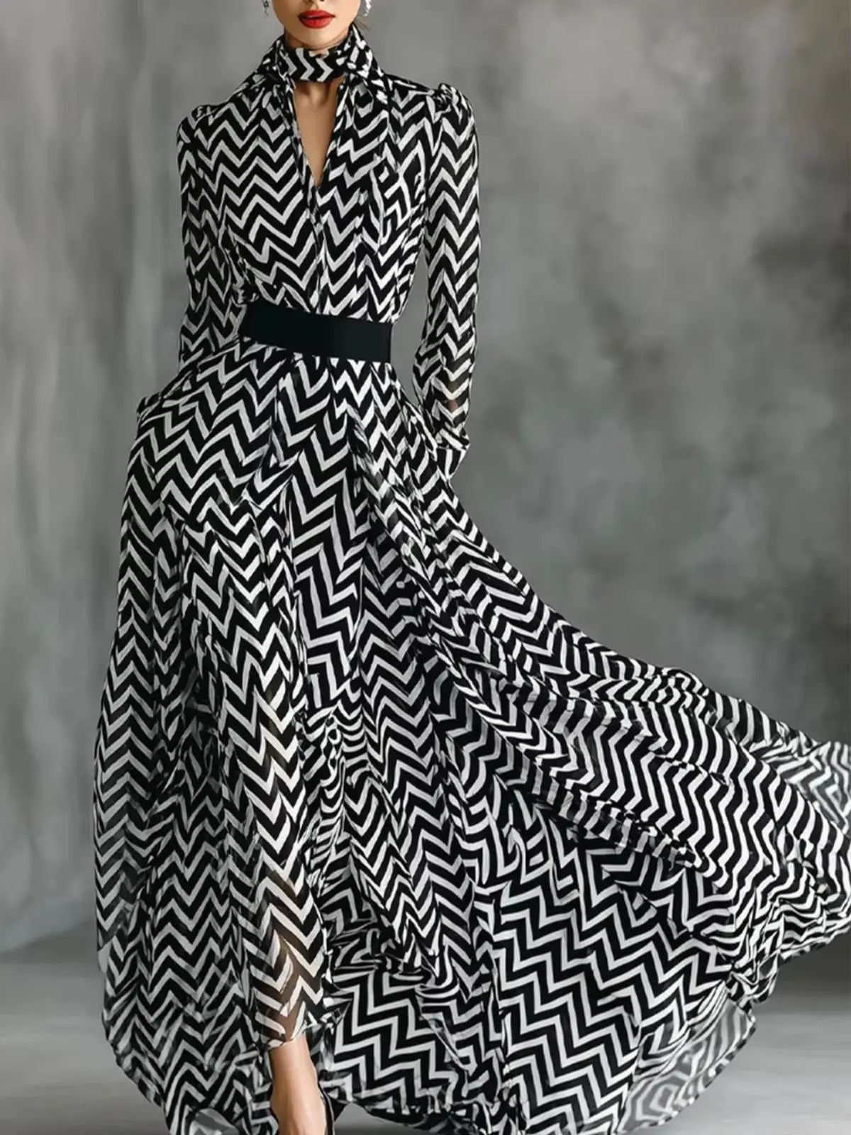 B&W Chevron Print Long Sleeve Maxi Dress