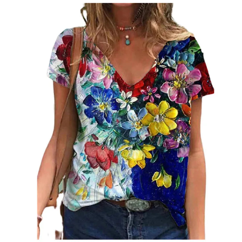 Women's Floral 3D Print V-Neck T-Shirt