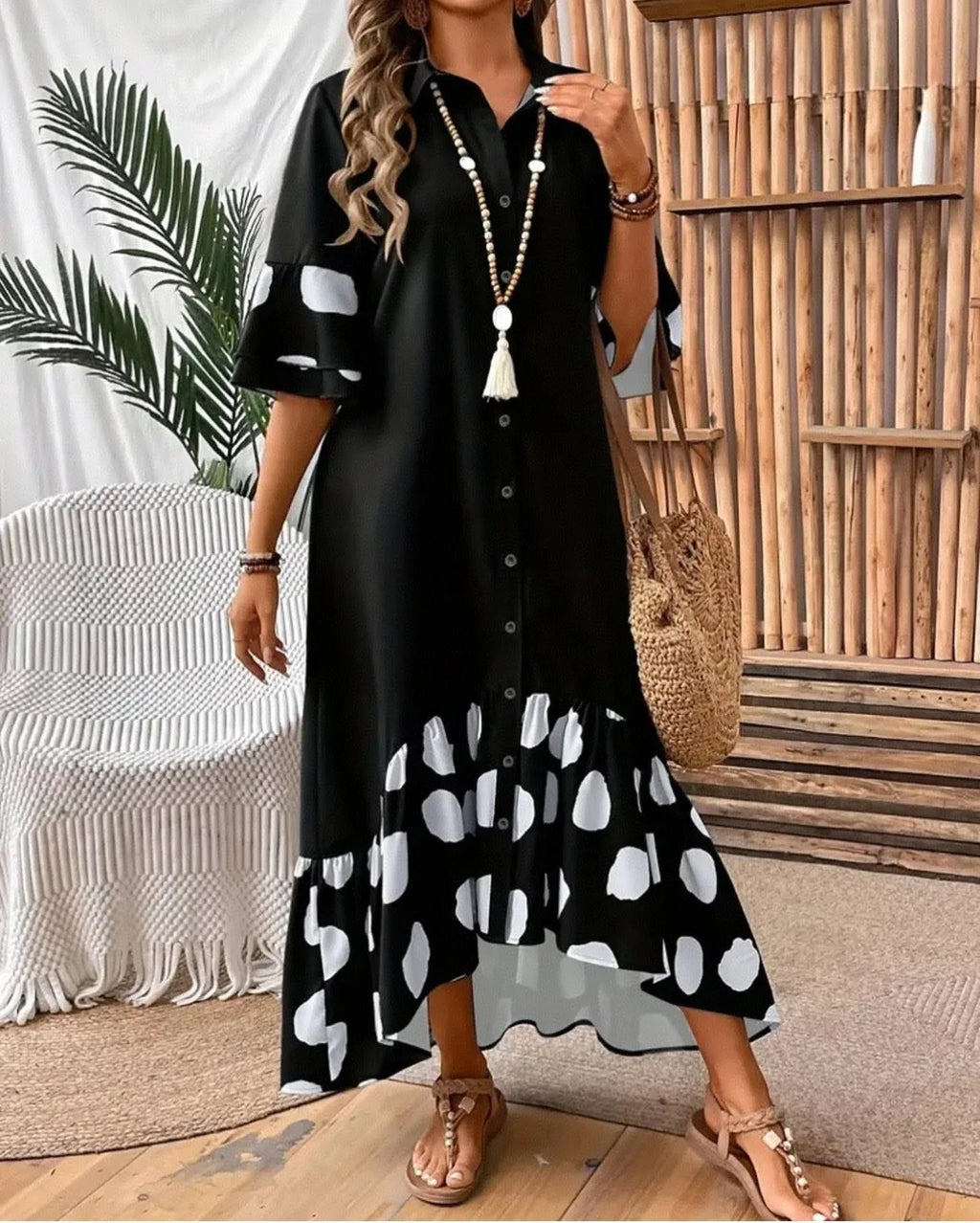 Women's Polka Dot Shirt Dress – Button Front Midi Dress with Flare Sleeves Bazaare Mart Half Sleeve Midi Shirt Dress