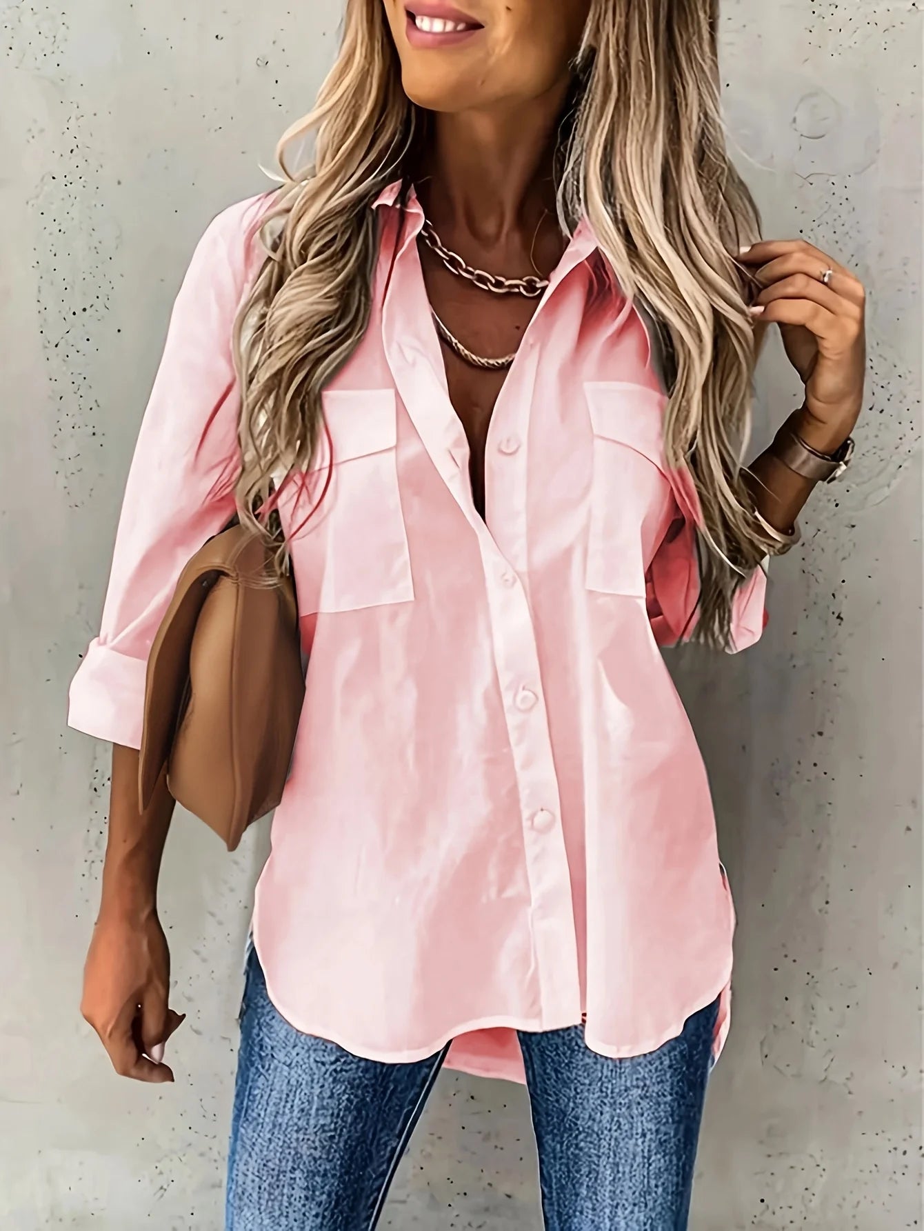 Solid Color Long Rolled Sleeve Button Up Shirt