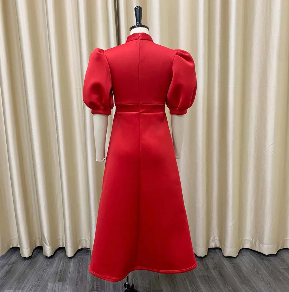 Elegant Solid Color Bow Short Puff Sleeve Full Skirt Midi Dress