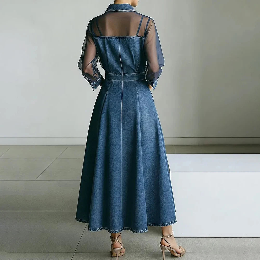 Denim Midi Dress with Sheer Mesh Sleeves