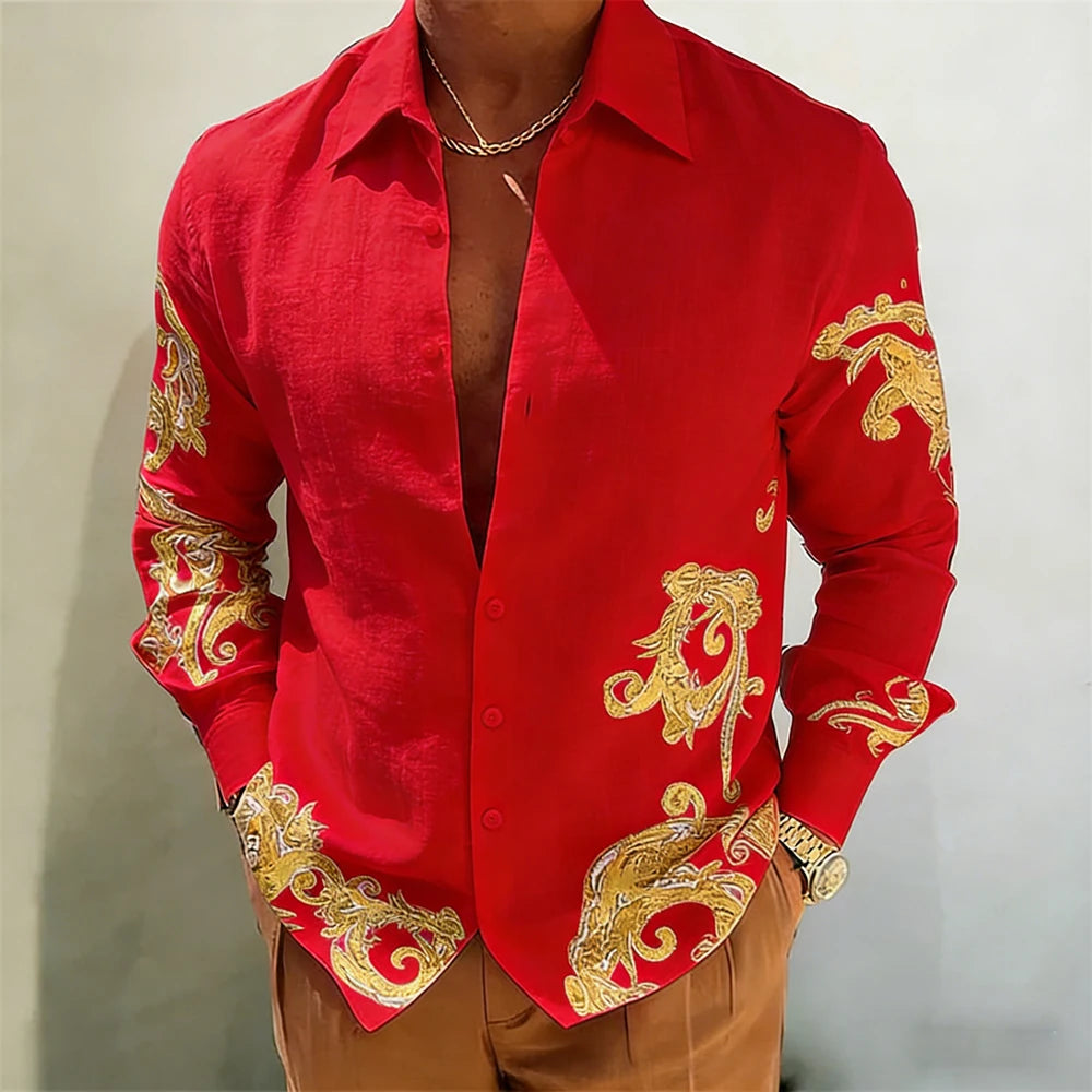 Men's Gold Baroque Print Button-Up Shirt – Long Sleeve Statement Shirt