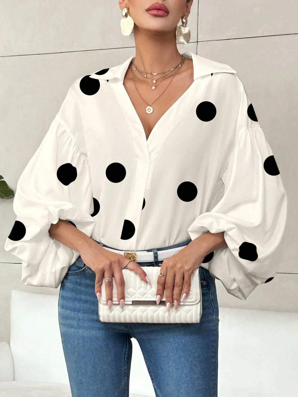 Boho Women's Blouses Spring Fall New Fashion French Polka Dot Half-neck Design Loose Puff Long-sleeve Top Casual Shirts Women Bazaare Mart