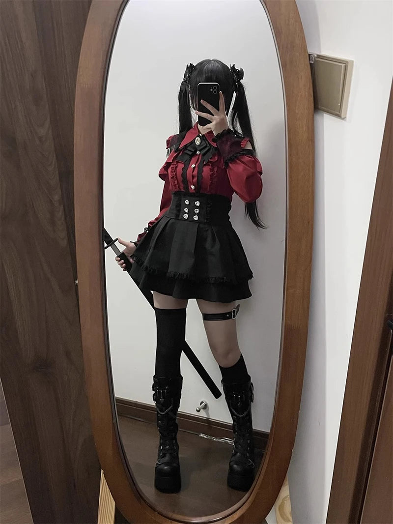 Jirai kei Shirt JK Skirt Japanese Style Lolita Y2K Sweet School Uniform Blouse Top Dress Darkness Outfit Women Girls Theme Party Bazaare Mart