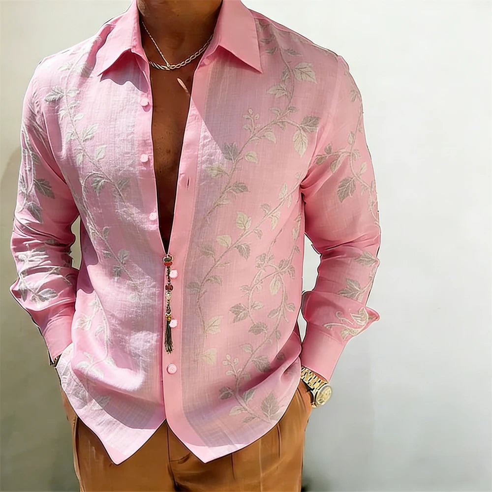 Men's Gold Baroque Print Button-Up Shirt – Long Sleeve Statement Shirt