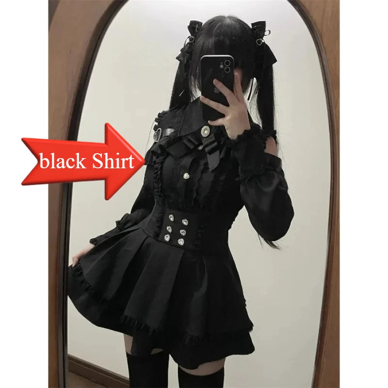 Dark Sweet Heart Ground Type Lolita Set, Ruffle Sleeve Top & A-line Skirt, Cute Kawaii Japanese Style Gothic Coord Outfit S-XL black Shirt Bazaare Mart