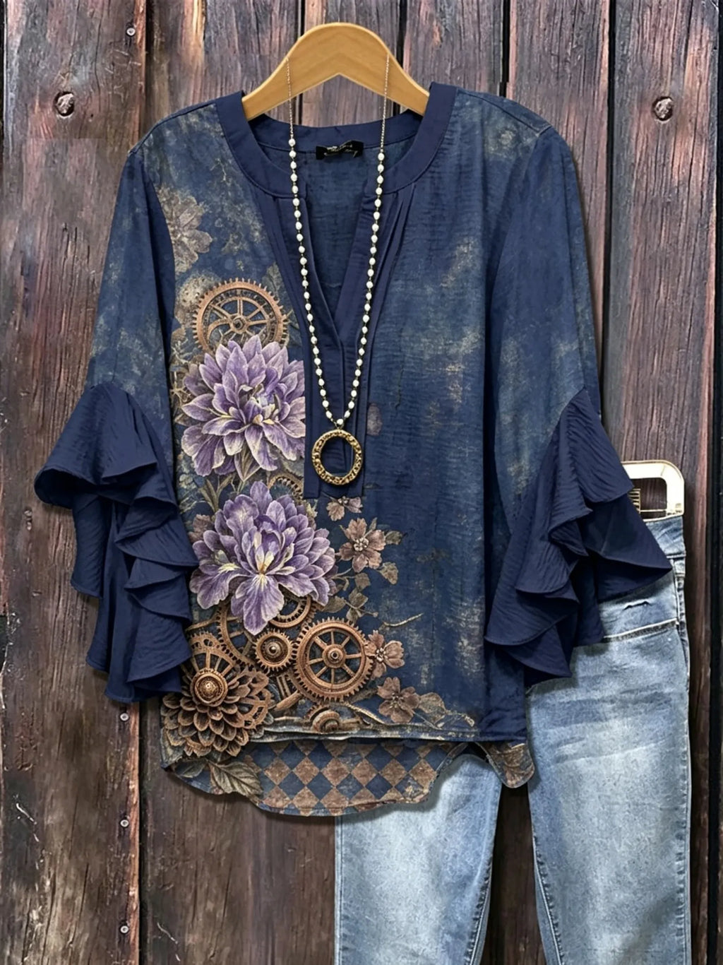 Women's Steampunk Floral Print V-Neck Ruffle Sleeve Blouse | Vintage Botanical Casual Top HCHLD20263019J Bazaare Mart Floral Blouse