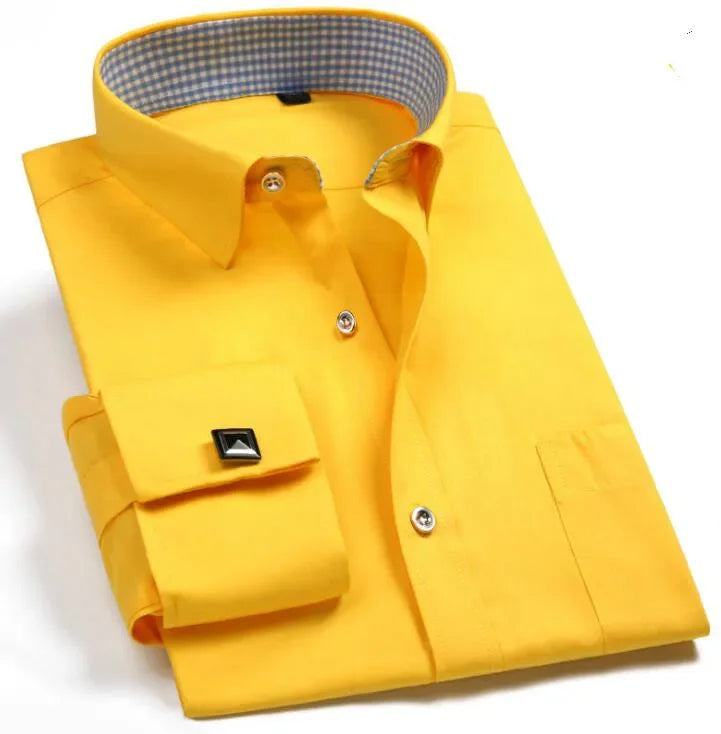 Yellow dress shirt with a checkered collar on a white background