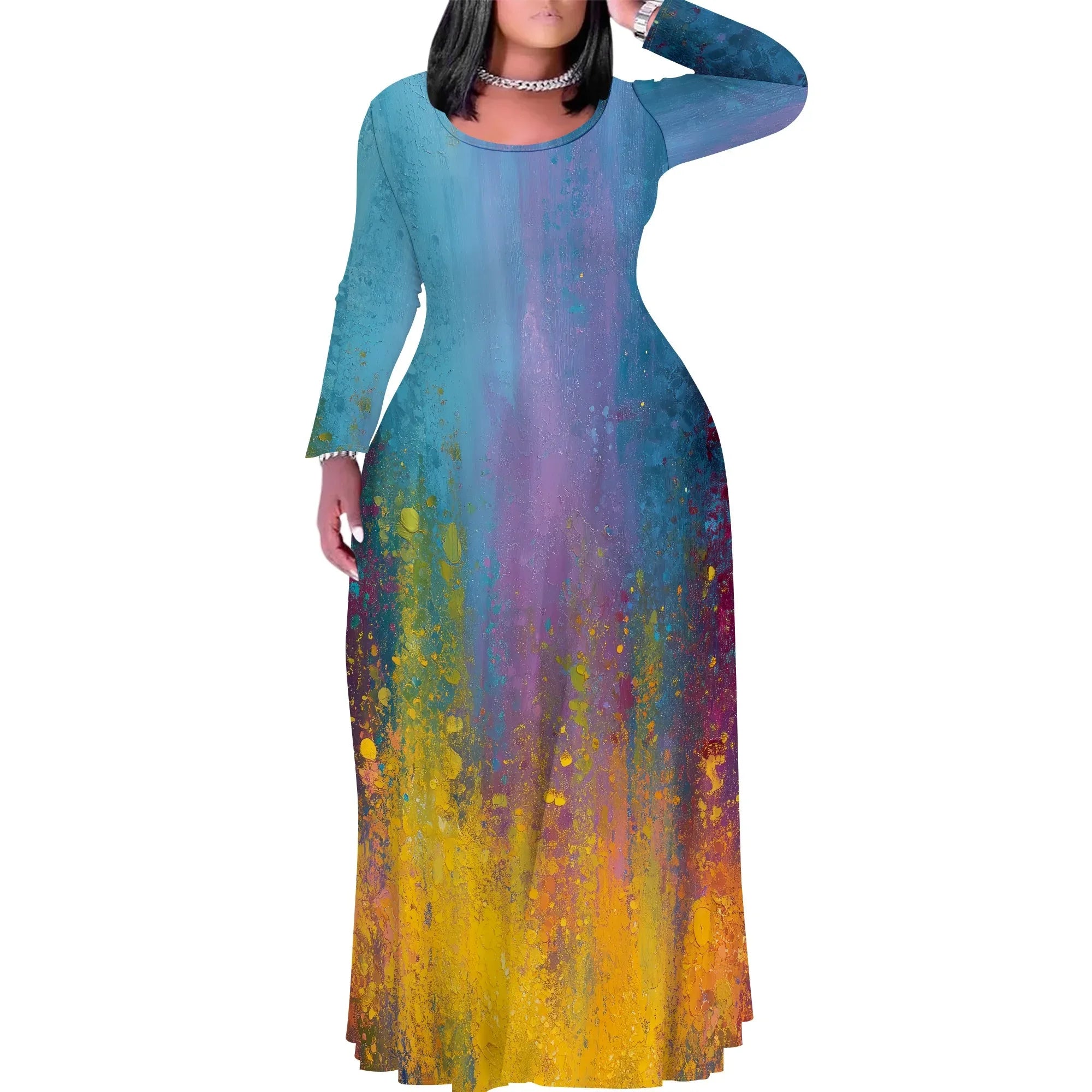 Tie Dye Print Scoop Neck Long Sleeve Maxi Dress Pattern-10 CHINA Bazaare Mart Tie Dye Print Scoop Neck Long Sleeve Maxi Dress