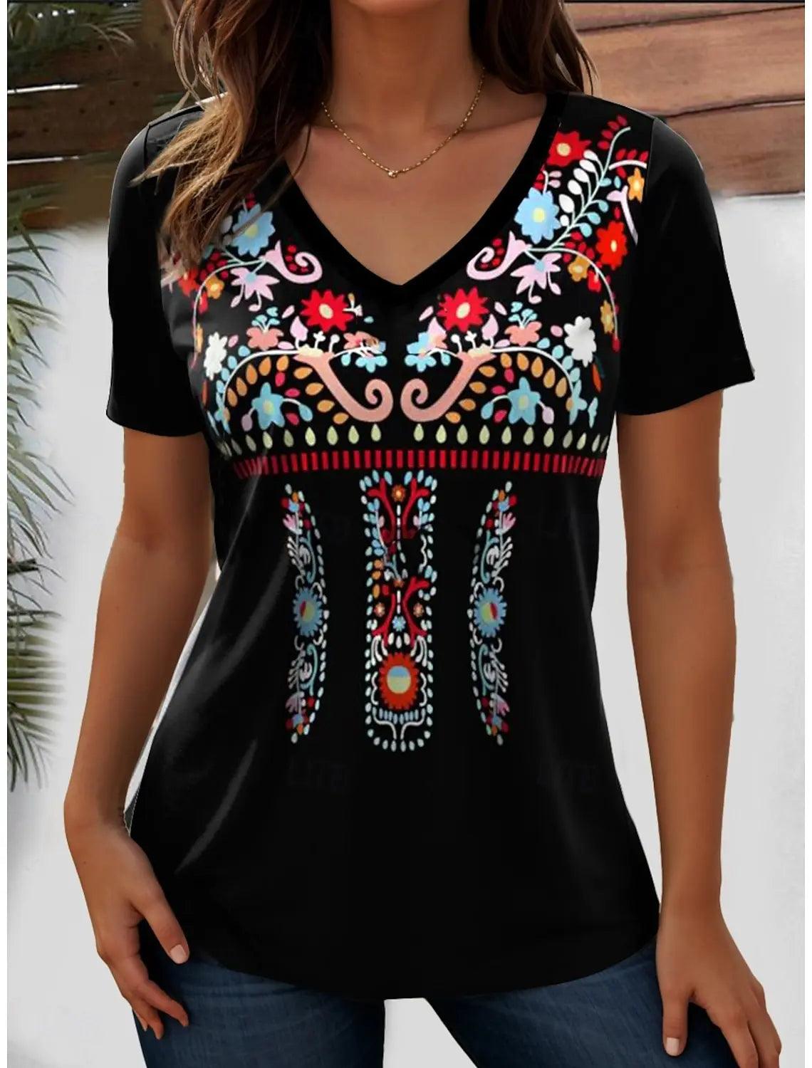 Women's Western Floral V-Neck Graphic Tee | Vintage Boho Short Sleeve T-Shirt VTF66A202623123 Bazaare Mart Printed Tops