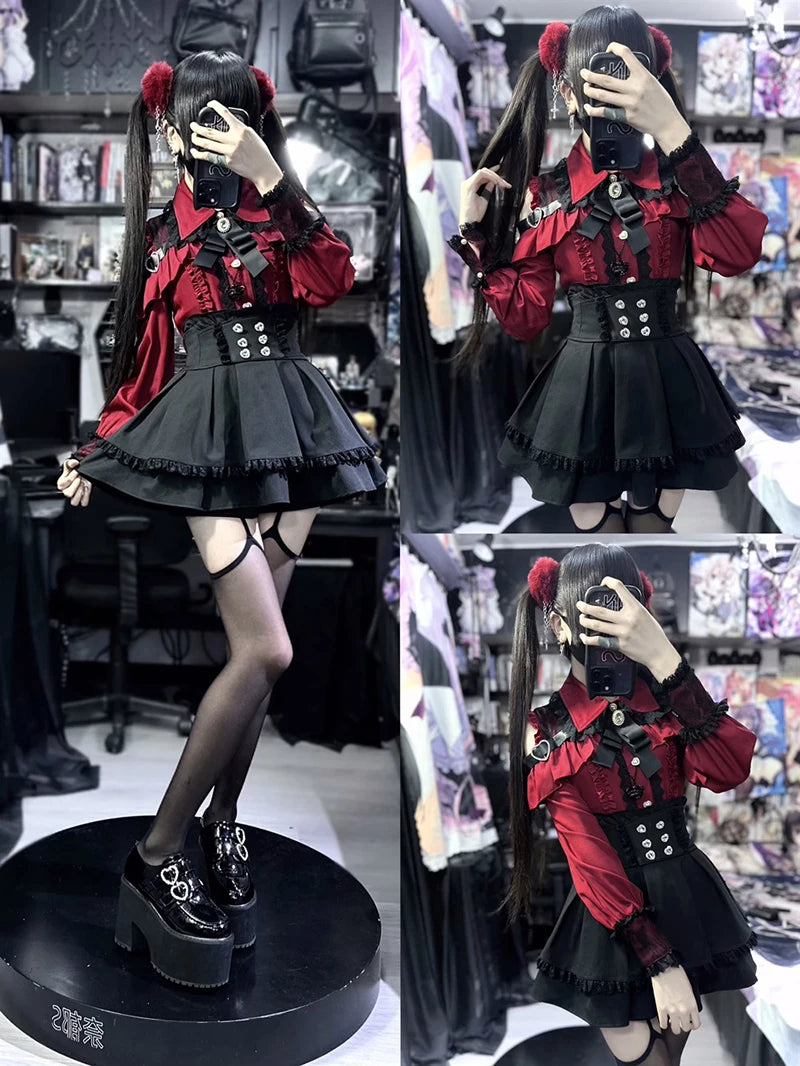 Jirai kei Shirt JK Skirt Japanese Style Lolita Y2K Sweet School Uniform Blouse Top Dress Darkness Outfit Women Girls Theme Party Bazaare Mart