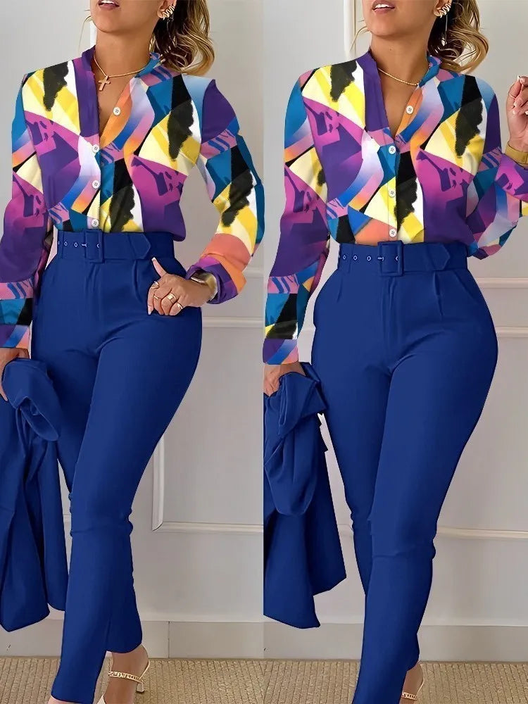 Print Long Sleeve Shirt Matching Pants Sets With Belt
