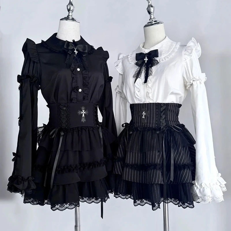 Women's Kawaii Lolita Blouse – Japanese-Inspired Peter Pan Collar Shirt with Lace & Bow Details Bazaare Mart Blouse