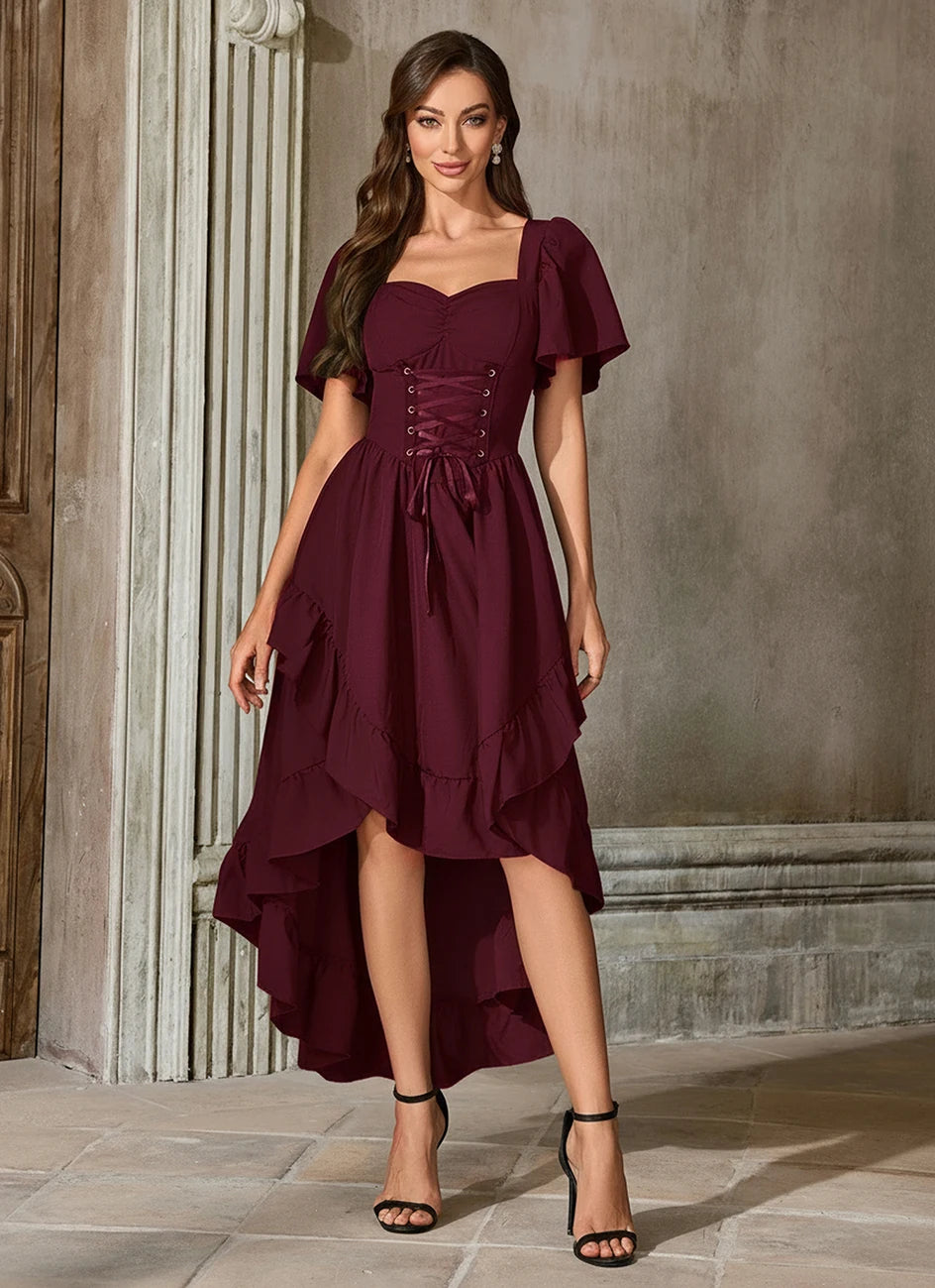 Burgundy High-Low Renaissance Dress with Corset-Style Bodice
