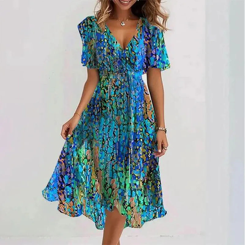 Elegant Floral Surplice Midi Dress green Bazaare Mart Surplice Midi Dress