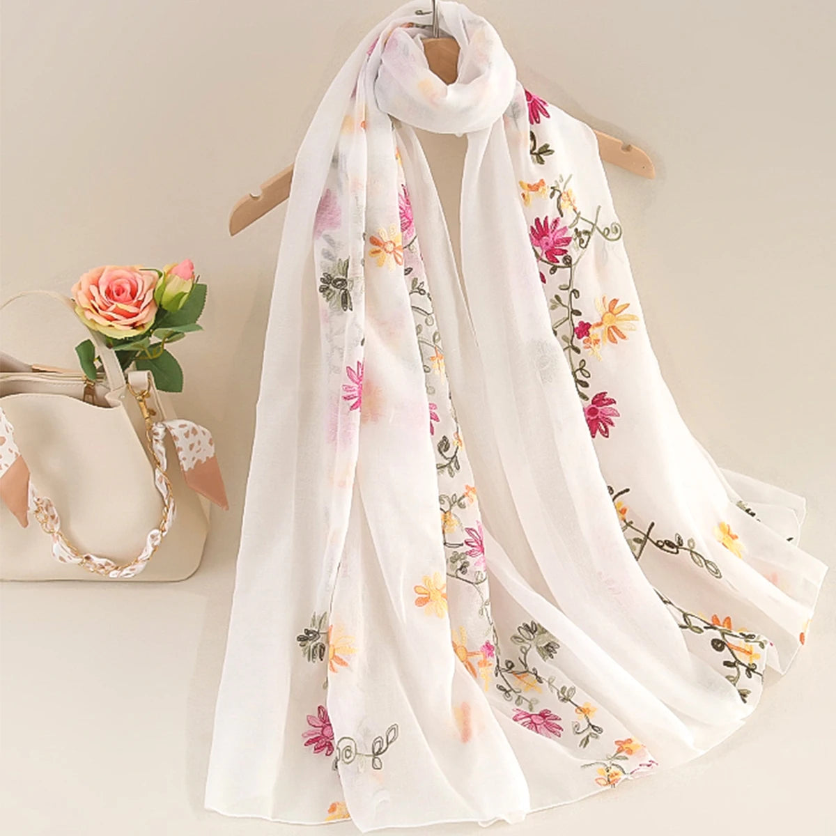 Women’s Cotton Linen Style Embroidered Scarf Shawl – Lightweight Floral Travel Wrap Bazaare Mart Silk Scarf