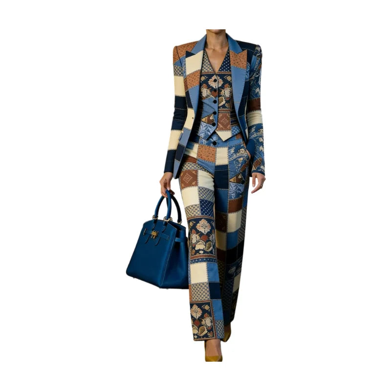 Patchwork Printed Blazer Vest & Wide-Leg Pants 3-Piece Suit
