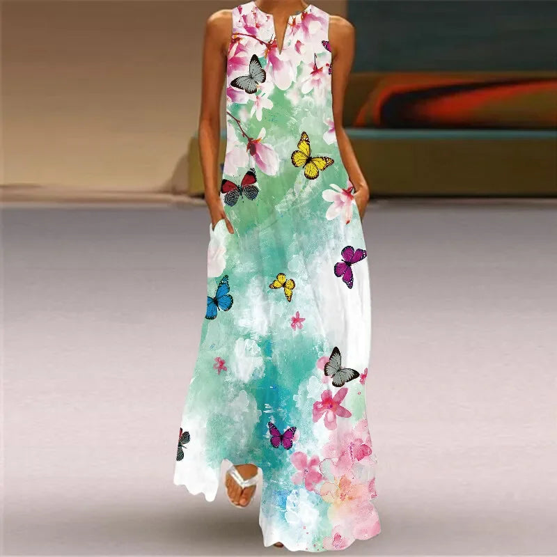 Women's Sleeveless Floral Maxi Dress with Pockets – Casual V-Neck Summer Beach Dress Butterfly Garden China Mainland Bazaare Mart Floral Maxi Dresses
