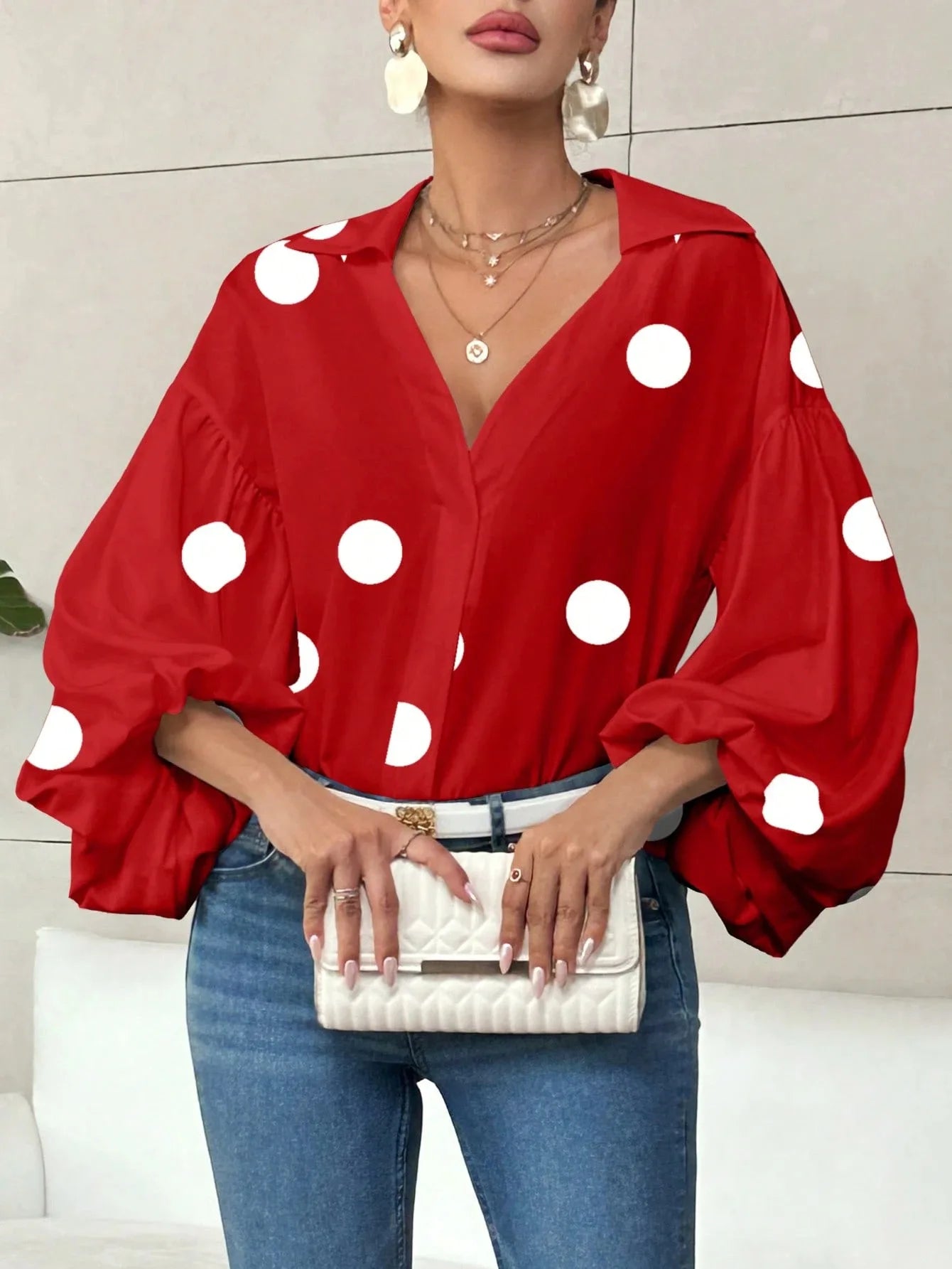 Boho Women's Blouses Spring Fall New Fashion French Polka Dot Half-neck Design Loose Puff Long-sleeve Top Casual Shirts Women Bazaare Mart