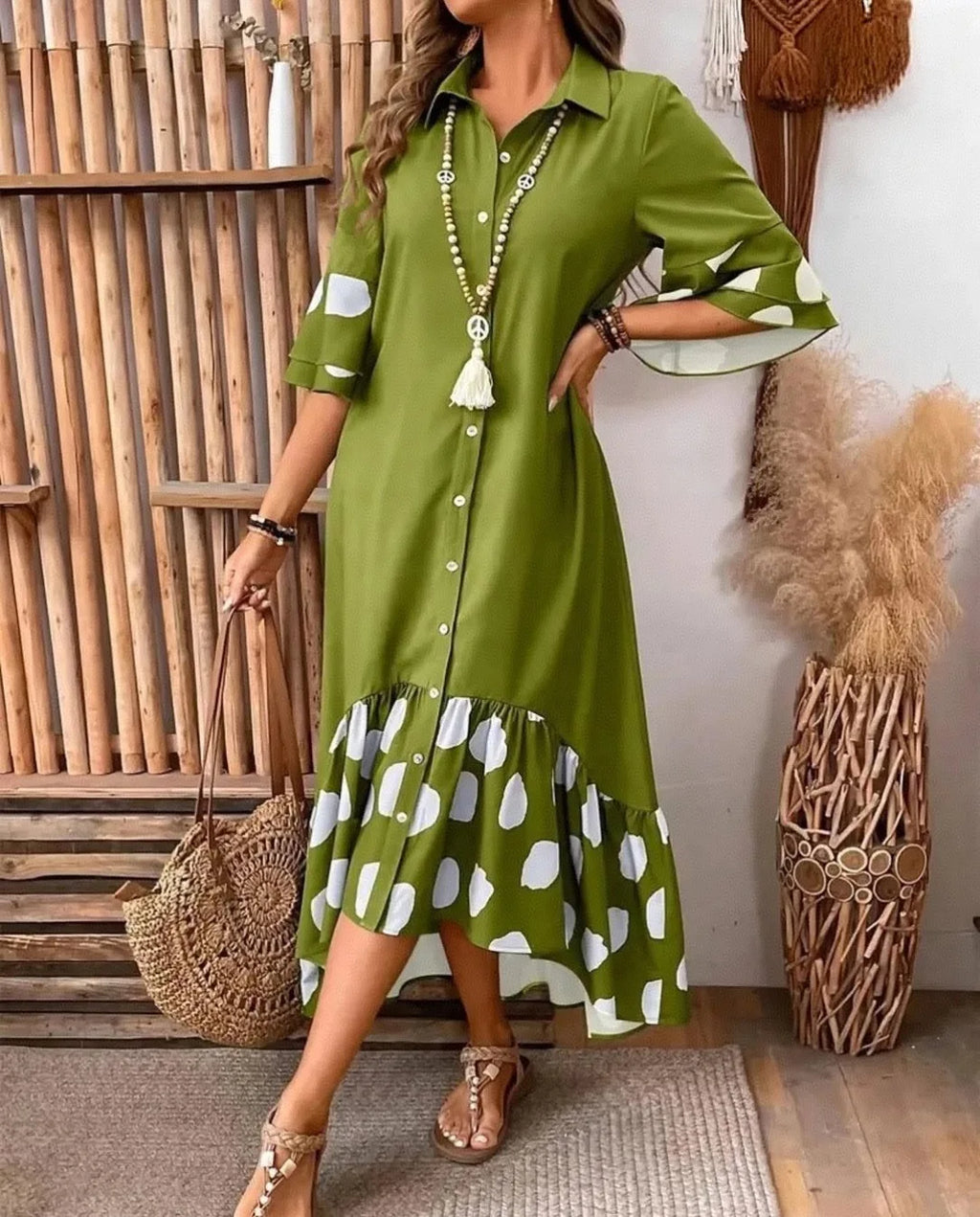 Women's Polka Dot Shirt Dress – Button Front Midi Dress with Flare Sleeves Bazaare Mart Half Sleeve Midi Shirt Dress