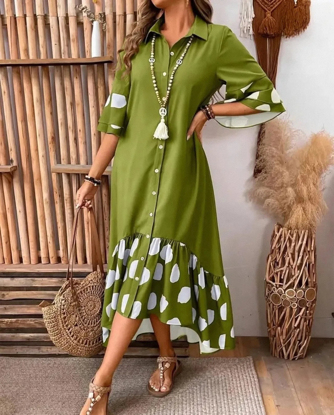 Women's Polka Dot Shirt Dress – Button Front Midi Dress with Flare Sleeves Bazaare Mart Half Sleeve Midi Shirt Dress
