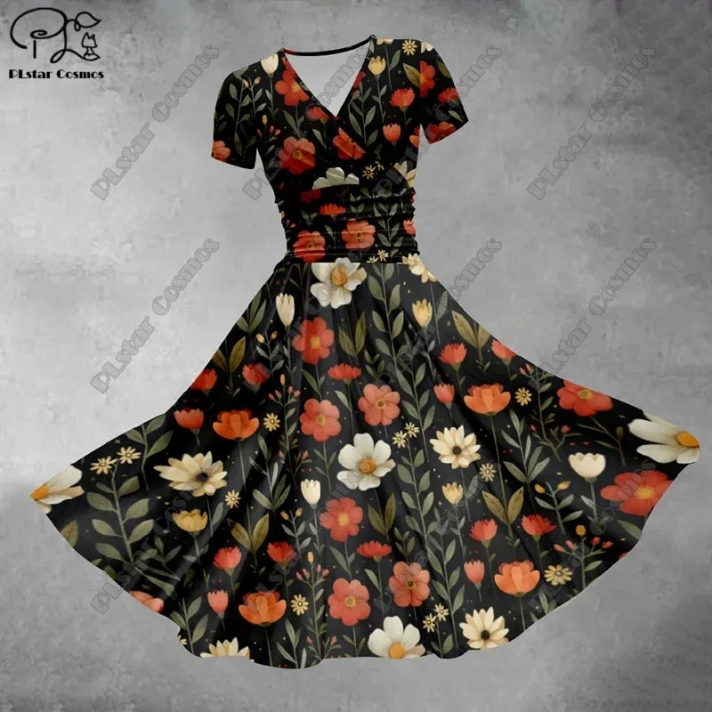 Women's Floral V-Neck Fit & Flare Dress – Short Sleeve A-Line Midi Dress, Sizes S-3X 1 Bazaare Mart Short Sleeve Printed Surplice Dresses