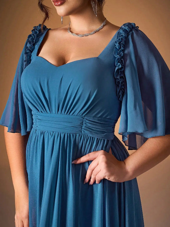 Blue Ruffled Flutter Sleeve Pleated Pearl Chiffon Evening Gown