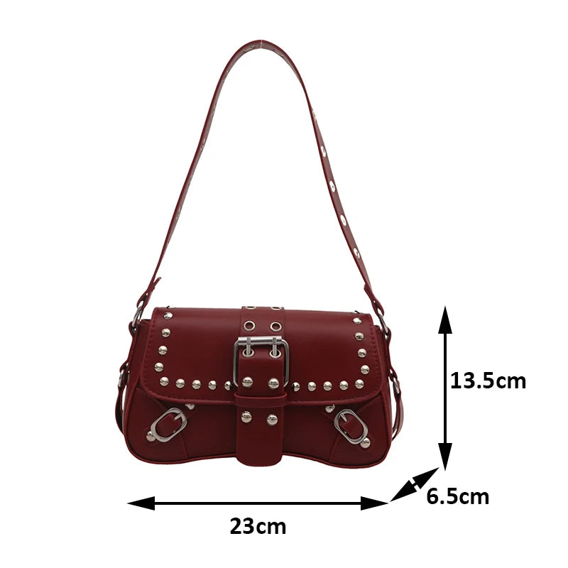 Studded Baguette Shoulder Bag – Faux Leather Punk Rock Shoulder Purse with Buckle & Rivet Details Bazaare Mart Shoulder Purse