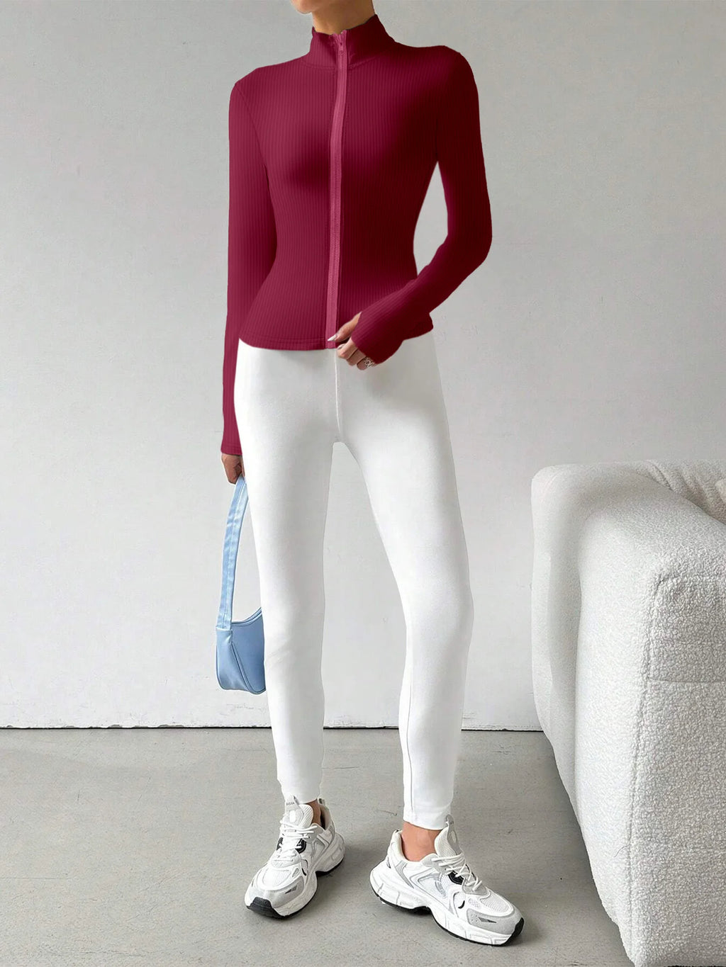Ribbed Knit Zip-Up Crop Active Fit Jacket with Stand Collar