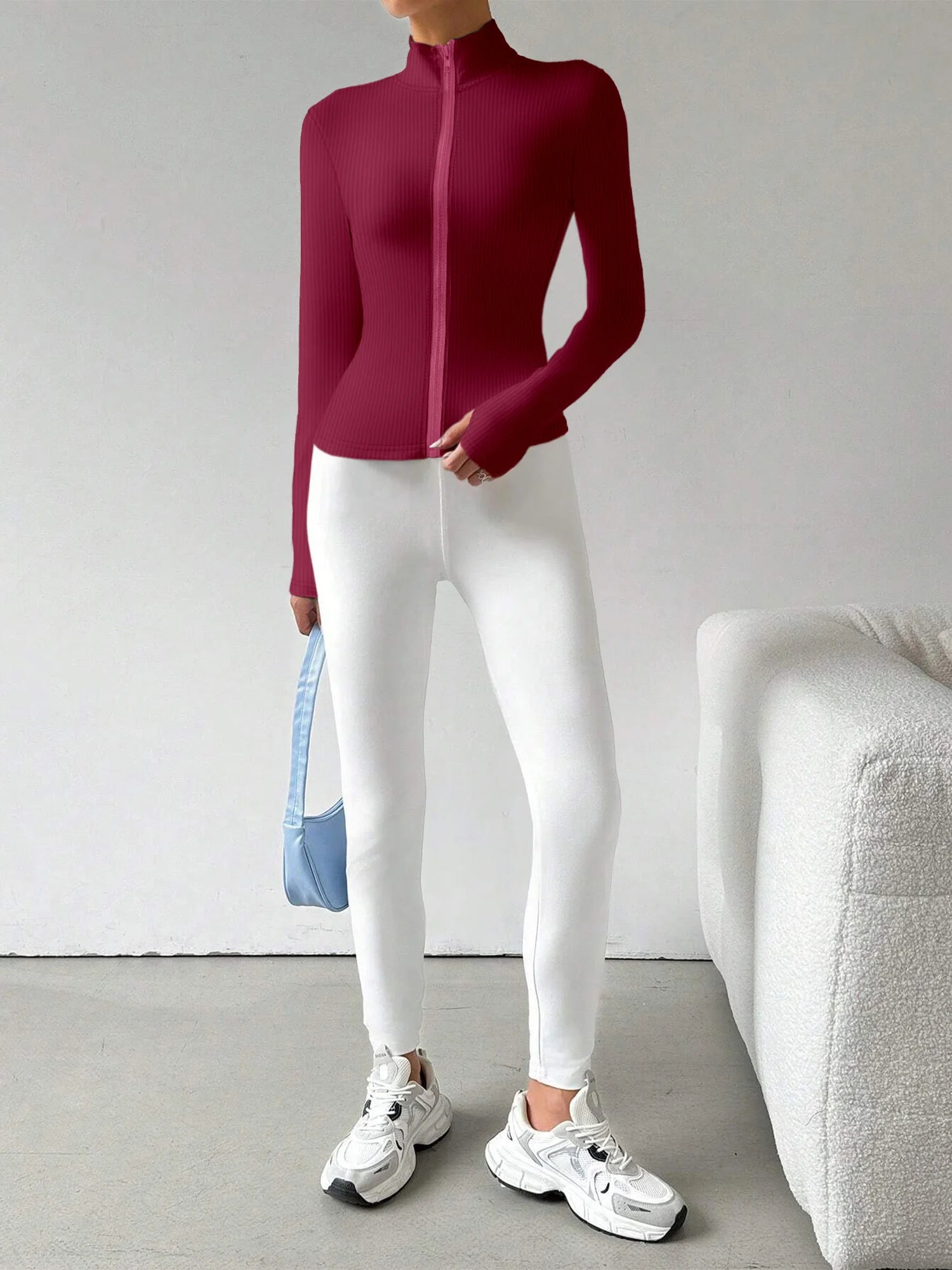 Ribbed Knit Zip-Up Crop Active Fit Jacket with Stand Collar