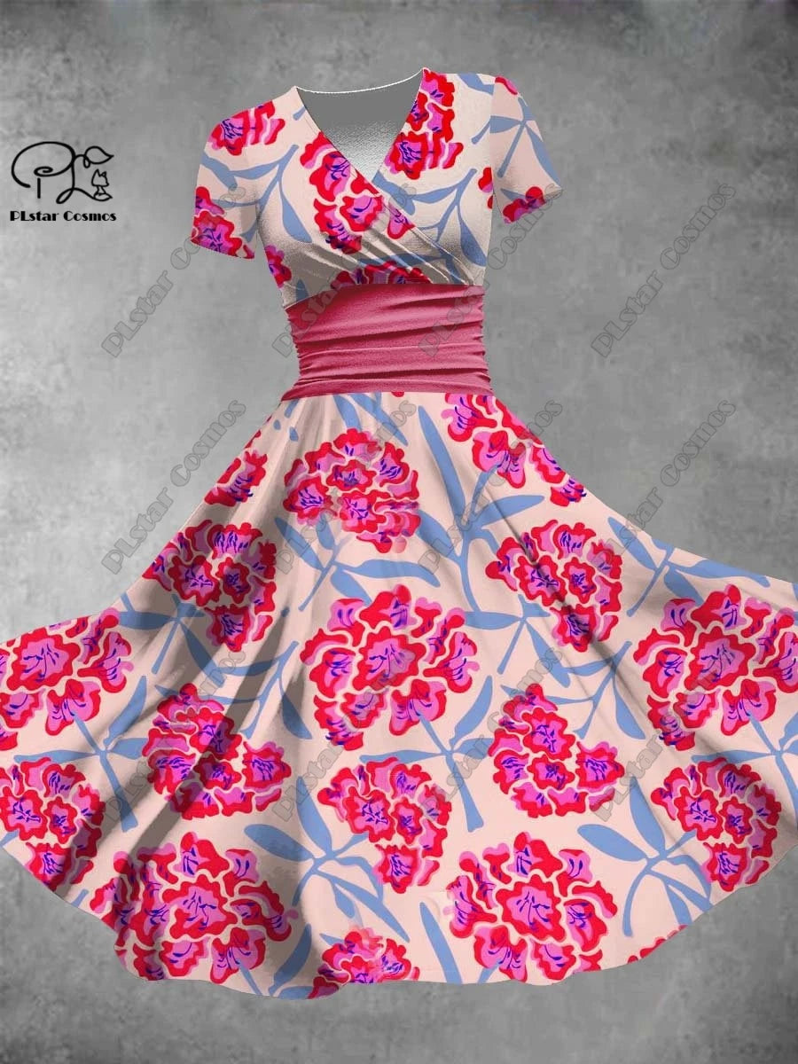 Women's Floral V-Neck Fit & Flare Dress – Short Sleeve A-Line Midi Dress, Sizes S-3X 8 Bazaare Mart Short Sleeve Printed Surplice Dresses