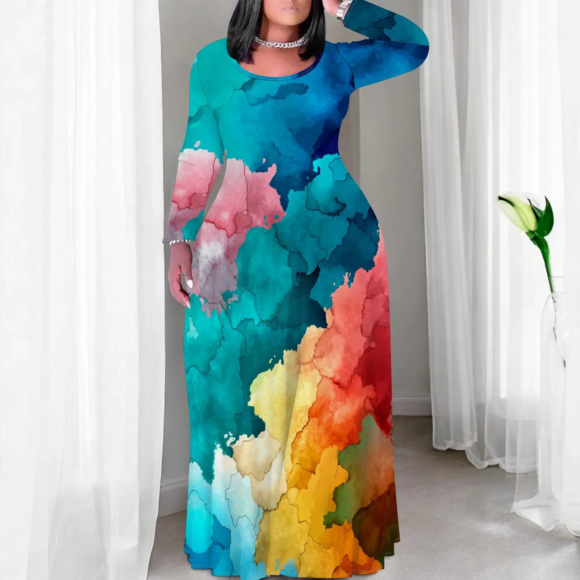Tie Dye Print Scoop Neck Long Sleeve Maxi Dress Bazaare Mart Tie Dye Print Scoop Neck Long Sleeve Maxi Dress
