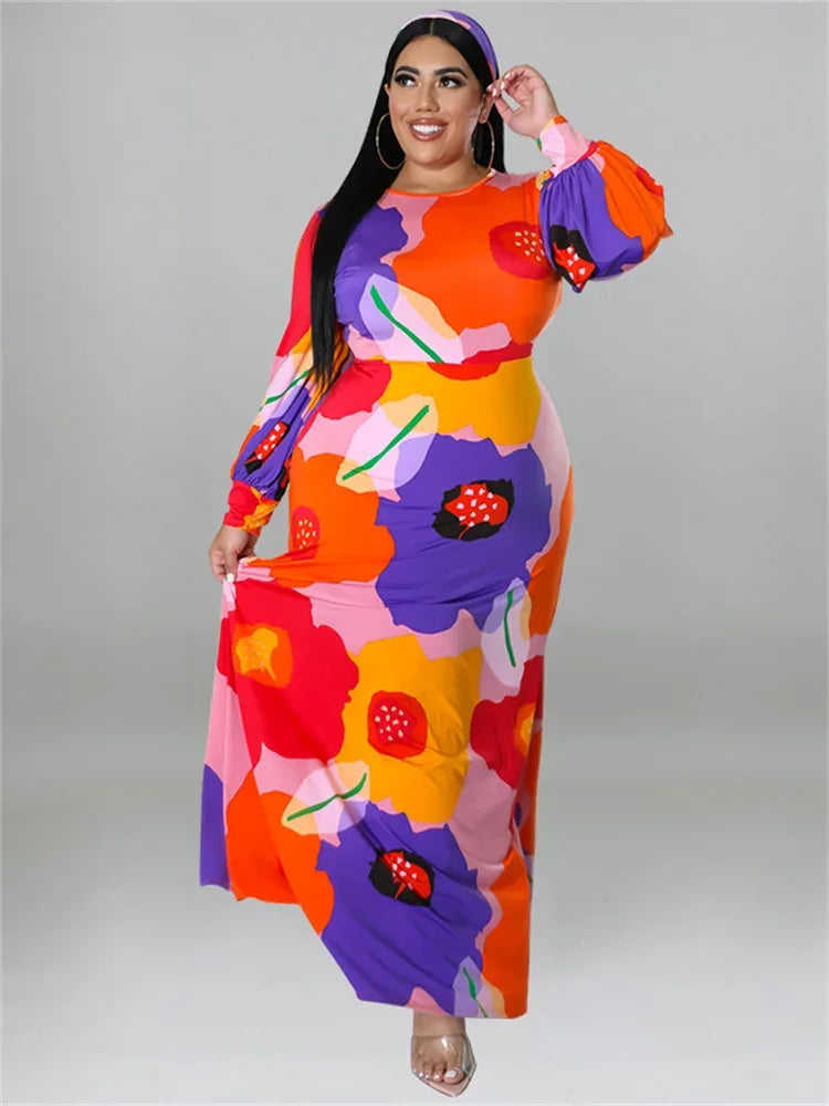 Colorful Long Sleeve Large Print Flower Maxi Dress Orange Bazaare Mart Colorful Long Sleeve Large Print Flower Maxi Dress