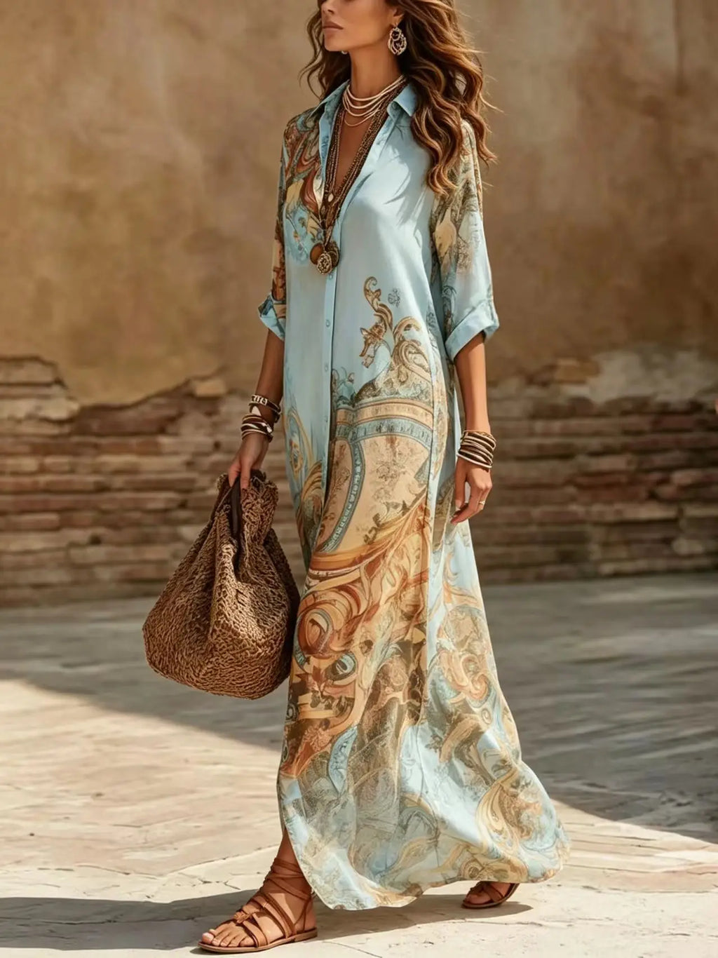 Elegant Printed Chiffon Maxi Shirt Dress